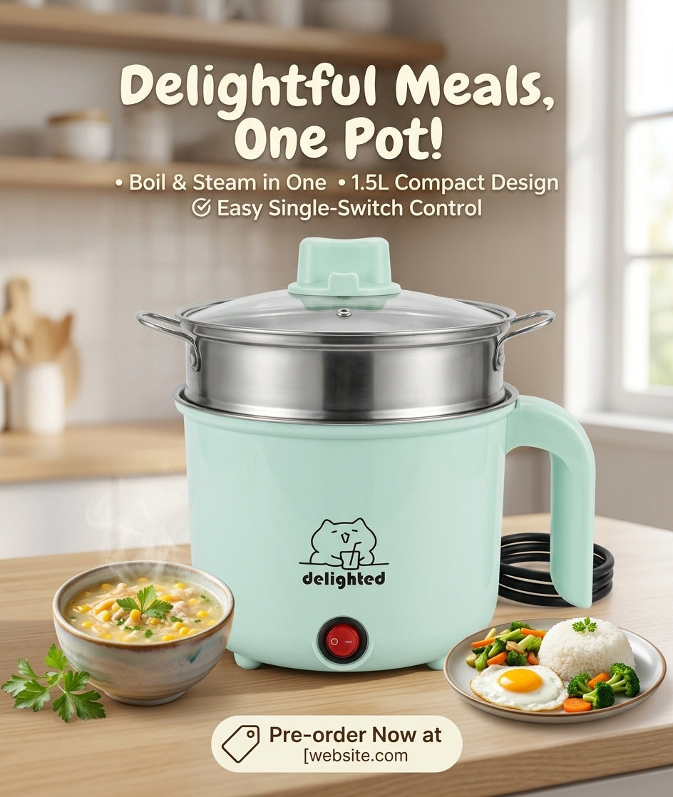 Multi-Purpose Electric Cooking Pot with Steamer (1.5L / 450W) – Rapid Boiling & Fast Cooking